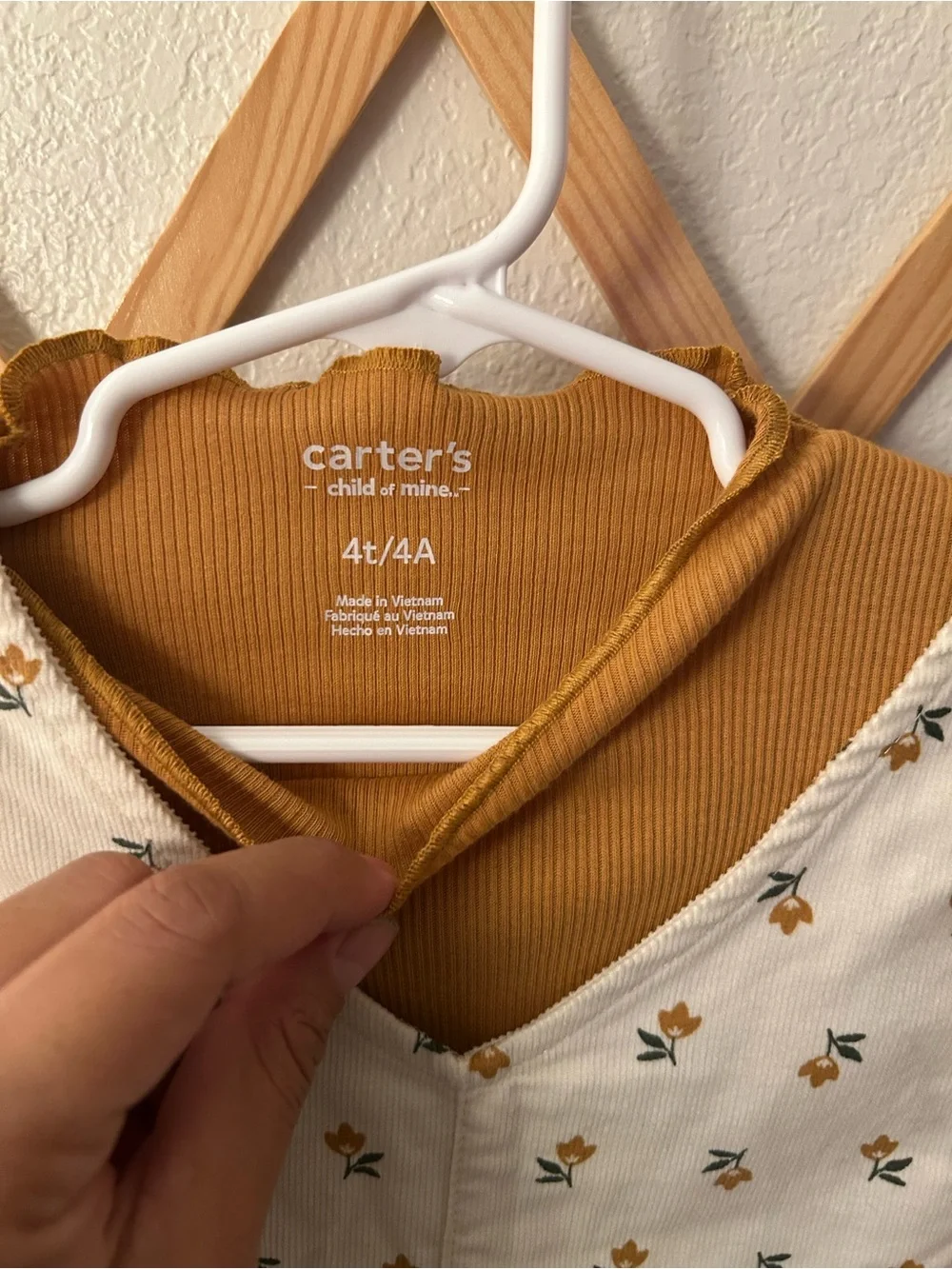 Carter's Mustard Ribbed Top with Cream Floral Pinafore Set